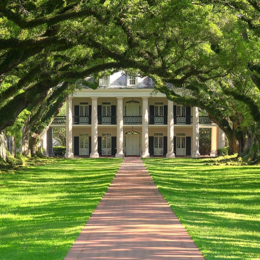 An impressive white plantation house with multiple stories, porches, and columns, set back amidst a vast green yard, a brick walkway, and mature trees.