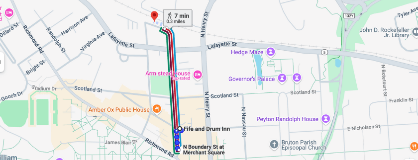 Map showing a 7-minute walking route of 0.3 miles between two locations.