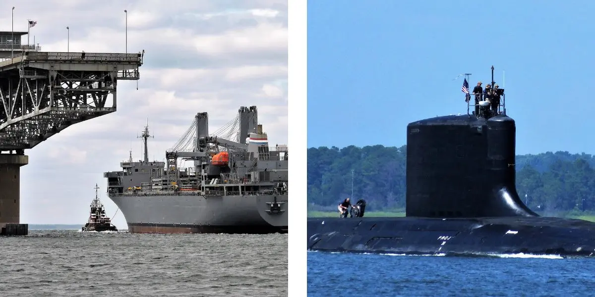 A cargo ship approaches a dock on the left, while a submarine surfaces on the right with crew visible on top.