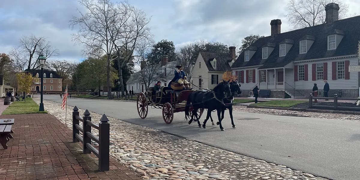 A horse-drawn carriage travels down a cobblestone street lined with historic buildings.