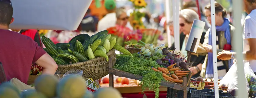 A bustling farmers market featuring vibrant vegetables and shoppers browsing.