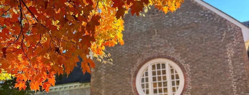 Bright orange leaves frame a historic stone building with a round window.