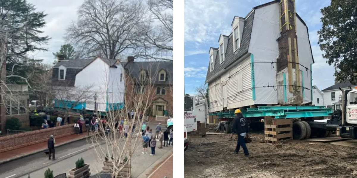 A house is being lifted and transported, with people watching on one side and the truck on the other.
