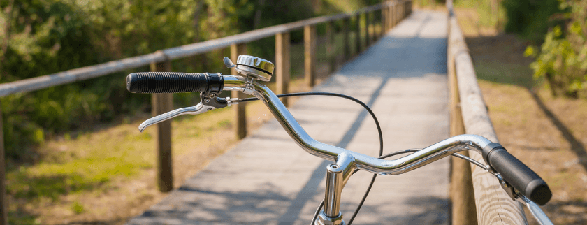 A bicycle handlebar is positioned in focus, with a wooden pathway and greenery in the background.